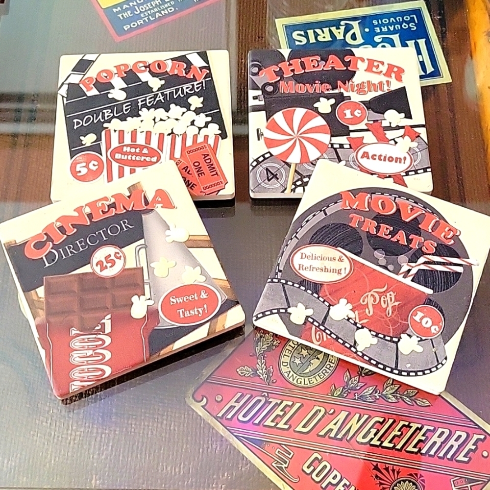 Retro Vintage Style Movie Night Ceramic Coaster Set (4-piece set) - Picture 4 of 4